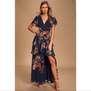 Navy Blue Floral Print Tiered Maxi Dress
